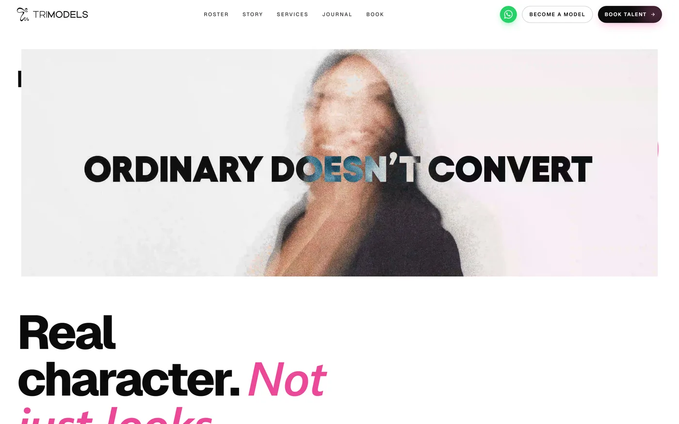 Trimodels — Agency site with a live talent roster fed safely from a CRM.